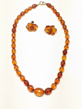 Antique Natural Baltic Cognac Amber Graduated Necklace Faceted Beads Art Deco