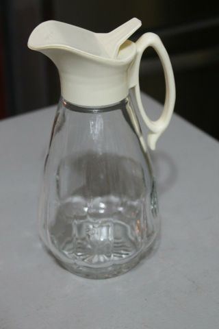 Vintage Syrup Dispenser Pitcher Clear Glass W/ivory Plastic Top 1960 