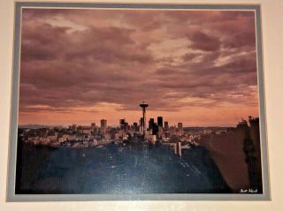 Vintage Seattle Skyline " Moonrise " Space Needle 13x15 Photo Signed Double Matted