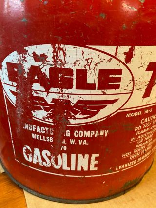 VINTAGE EAGLE 5 GALLON GALVANIZED METAL GAS CAN,  THE GASSER M - 5 3