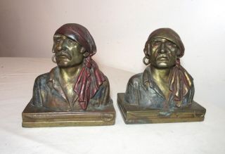 Antique Paul Herzel Pirate Patinated Bronze Clad Figural Bookends Busts