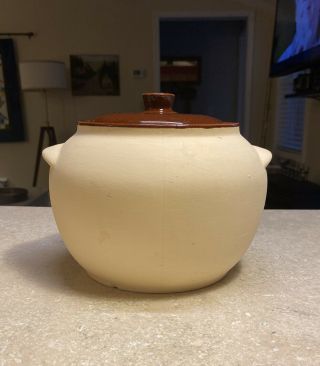 Vintage Watt Pottery Ovenware Stoneware Bean Pot With Lid 76 Usa Bisque/brown