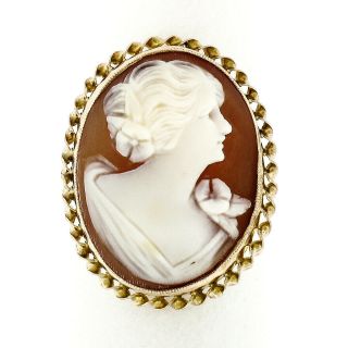 Antique 10k Yellow Gold Carved Shell Cameo Twisted Wire Frame W/ Milgrain Ring