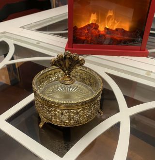 Vtg Globe Gold Filigree Ormolu Jewelry Trinket Box: Dresser Powder Jar