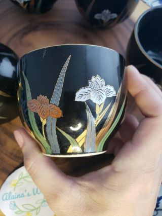Vintage Otagiri Japan 6 Sake Tea Cups Black w/Red Flowers Gold Trim 3
