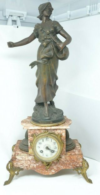 Auguste Moreau Semeuse Antique Mantle Clock With Marble Base 24 Inches Tall