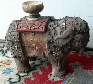 Antique Qing Dynasty Chinese Carved Wood Jeweled Elephant With Cinnabar Seat
