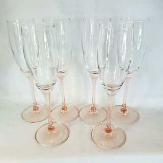 Set Of 6 Vintage Arc Luminarc France Pink Rose Champagne Flutes 8 3/4 "