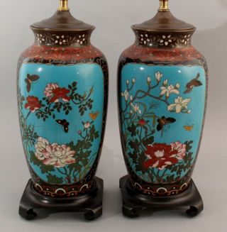 Pair Large Antique Japanese Cloisonne Enamel Lamp Vases W/ Butterflies Flowers