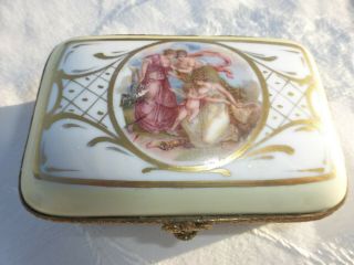 Vintage Limoges France Porcelain Hinged Trinket Box With Scene Of Ladies & Baby