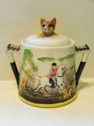 Vintage Porcelain 2 Handled Lidded Jar - Japan - Fabulous Fox On The Lid 1930 
