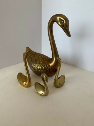 4 Pc Vintage Brass Swan 6” Tall W/ 3 Babies 3.  25,  3,  2.  75” Figurines