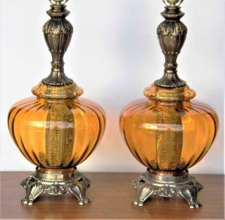 Pair Mid Century Amber Italian Blown Glass Table Lamp Hollywood Regency Glam