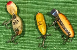 3 Vintage Fishing Lures Heddon Tadpolly Spook & Tiny Torpedo & 1 Unmarked