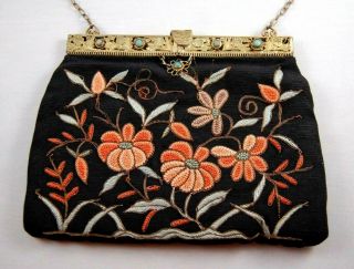 Antique Victorian Purse Chinese Export Qing Dynasty Embroidered Turquoise Silk