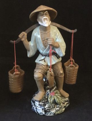 Vintage Tall Chinese Shiwan Pottery Mudman Fisherman With Fish,  Yoke & 2 Baskets