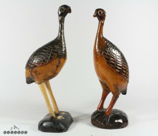 Antique 19th Century Pair European / American Folk Art Carved Wood Grouse Birds