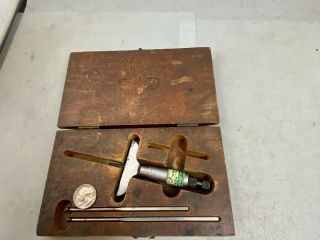 Vintage Ls Starrett 449 0 - 3 " Depth Micrometer,  3 Rods,  Wooden Box,