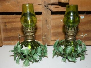 Vintage Christmas Miniature Oil Lamp Set With Holly Trim 4 - 1/4 " Hong Kong