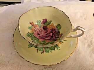 Antique Paragon Bone China England Pink Roses On Yellow Teacup And Saucer