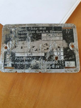 Ww2 Luftwaffe Focke Wulf Fw190 Data Plate