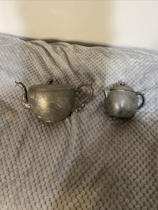 Antique Chinese Engraved Kut Hing Swatow Pewter Teapot And Creamer
