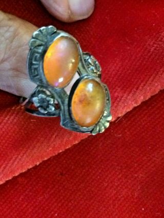 Vintage Art Deco Antiqued Sterling Ornate Double Amber? Center Ring Size 6.  5