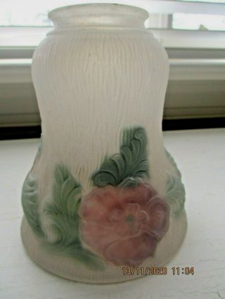 Vtg Reverse Hand - Painted Floral Frosted Glass Lamp Shade 2 1/4 ",  5 1/4 " Tall