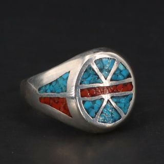 Vtg Sterling Silver - Navajo Coral & Turquoise Mens Ring Size 10 - 8g