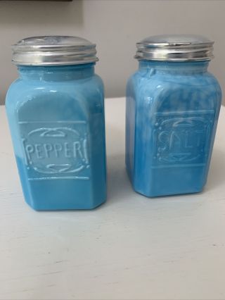 Vintage Mottled Blue Milk Glass Salt And Pepper Shakers