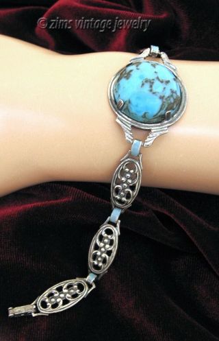 Vintage Art Deco Turquoise Blue Glass Sterling Silver Filigree Enamel Bracelet