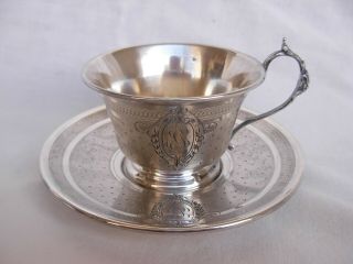 Antique French Sterling Silver Coffee Cup And Saucer,  Louis 16 Style,  Late 19th.