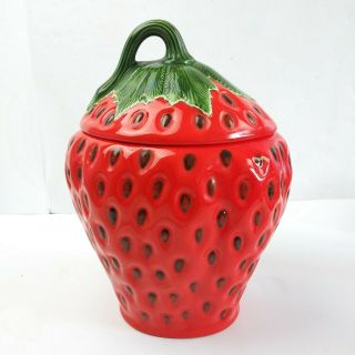 Vintage Strawberry Fruit Ceramic Cookie Jar Canister Lid Red Signed 1985 11 "