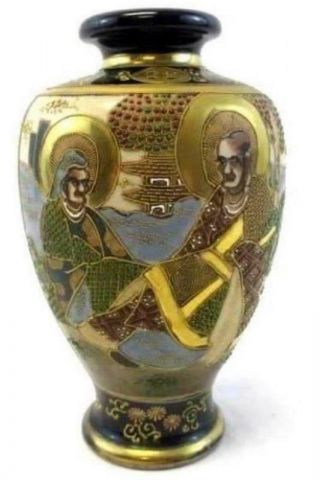 Vintage Hand Painted Satsuma Style Moriage Oriental Porcelain Vase 8.  75 "