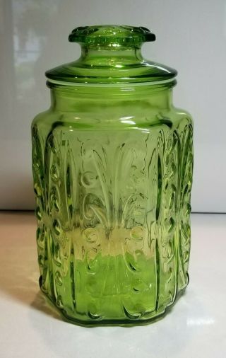 Vntg L E Smith " Atterbury Scroll " Design Green Canister 9 Inch,  Tight Fit Lid