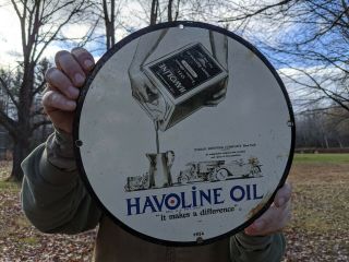 Old Vintage 1934 Havoline Oil Motor Oil Porcelain Gas Pump Sign Indian Co.  Fuel