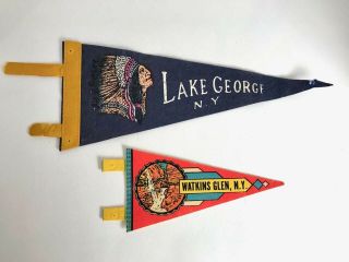 Set Of 2 Vintage Lake George And Watkins Glen Ny Travel Souvenir Felt Pennants