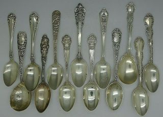 Sterling Silver Art Nouveau Top End Spoons Gorham Kirk Etc 374 Grams Nr