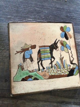 Vintage Handpainted Clay Tile 7.  5” X 7.  5” Donkey 1970’s Look 2