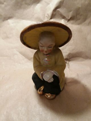 Vintage Porcelain Oriental Asian Figurine Man With Hat Resting With Eyes Closed