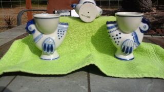 Vintage Ceramic Egg Cups,  Made In Ussr,  Set Of 3 Blue And White Chickens,