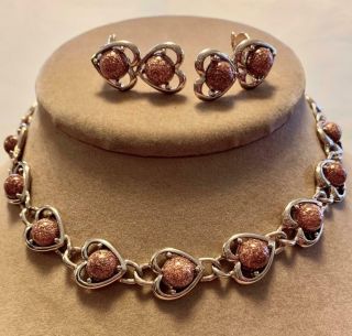 Vintage Goldstone Heart Choker Necklace With Matching Clip Earrings