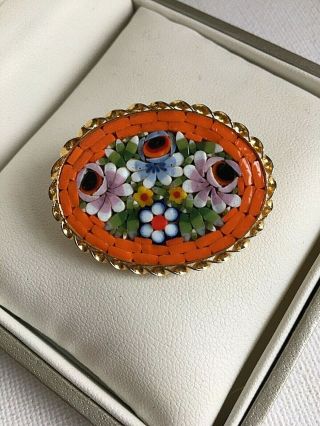 Vintage Micro Mosaic Floral Brooch Pin Orange Italian Oval Valentine Gift 1950s