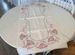Vintage Hand Embroidered Bell Flower Design Dresser Scarf/ Runner