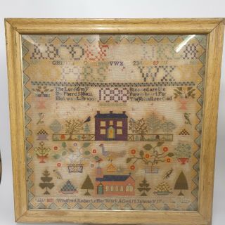 Large Antique Victorian Needlework Sampler By Winifred Roberts Dated 1888 House