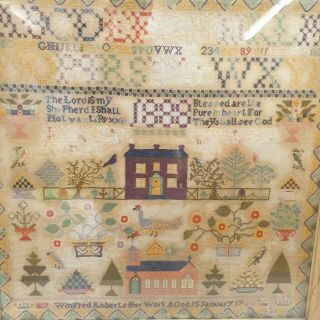 Large Antique Victorian Needlework Sampler By Winifred Roberts Dated 1888 House 2