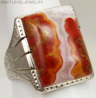 Antique 1920s Art Deco Natural Red Agate Engraved 14k Solid White Gold Mens Ring