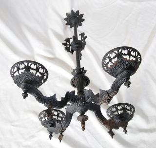 Antique Victorian Eastlake Cast Iron 4 Arm Black Hanging Oil Lamp Chandelier