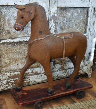 Antique Large Burlap Covered Horse On Wheels