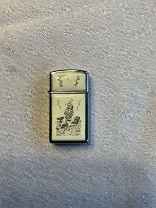 Vintage Zippo Mini Lighter Scrimshaw Whale Ships Moby Dick Unfired